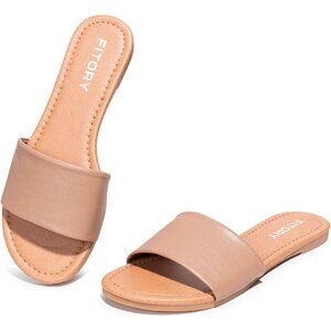 Women's Tan Single Strap Cushioned Footbed Open Toe Slide Sandals Slippers